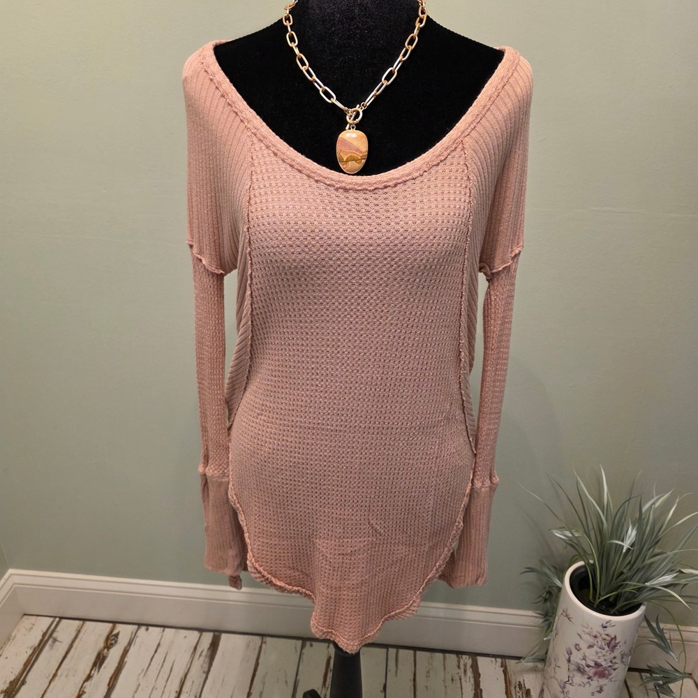 Free People Rose Pink Waffle Knit Ribbed Thermal Long Sleeve Top XS